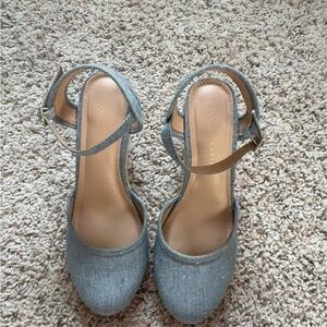 KELLY & KATIE Blue Linen Ankle-Strap Heels